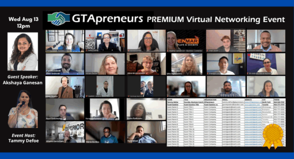 GTApreneurs August 13 Virtual Business Networking Event Toronto website